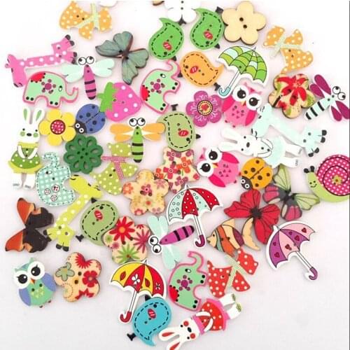 50pcs Mixed Cartoon Animal Wooden Buttons 2 Holes Sewing Craft Scrapbooking Accessories Decorative DIY