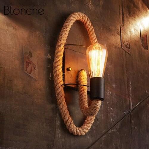 American Retro Rope Hemp Wall Light Industrial Loft Aisle Balcony Stairs Bar Cafe Wall Lamp Round Iron Wall Sconces Home Decor