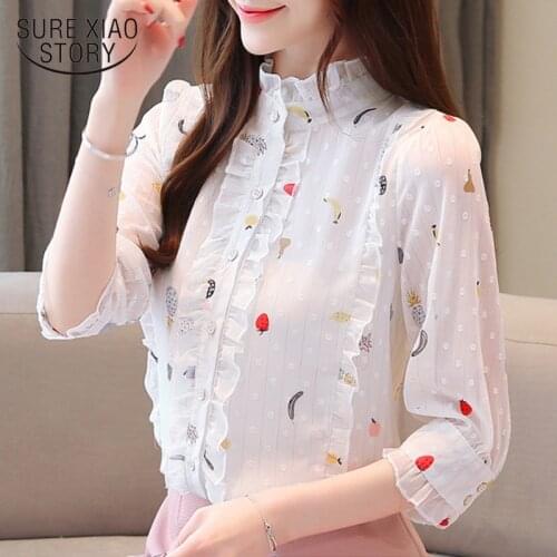 Fashion Elegant Print Long Sleeve Spring Summer Women Chiffon Shirts Women Tops and Blouses Ruffle Slim Ladies Tops 8223 50