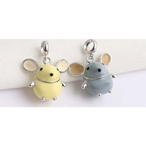 DINGLLY 2pcs 2020 Enamel Mouse Pendant Big Ears Mouse Zodiac Rat Charms Fit Brands Bracelet Bangle Animal Necklace Kids Jewelry