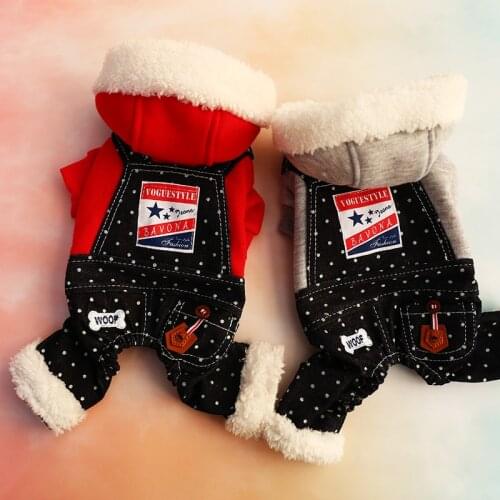 Red/Gray Dog Jumpsuit Denim Dots Teddy Bichon Autumn Pet Clothing Leash Hole Dog Outfit 2 Color XS S M L XL