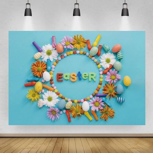 Easter Blue Wooden Board Background Flower Eggs Decoration Table Festival Flower Wreath Gifts Photography Backdrop Photobooth