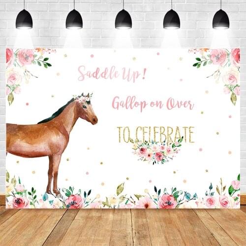 Mohofoto Horse Theme Birthday Photo Background Saddle up Celebration Party Banner Decoration Backdrop Watercolor Flowers Point