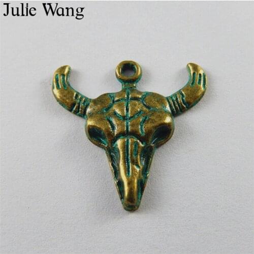 Julie Wang 10pcs Alloy Antique Green Vintage Bull Head Charms Pendants Findings Jewelry Making Bracelet Necklace Metal Accessory