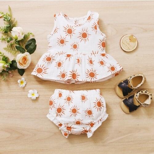 2Pcs Summer Baby Clothes Girls Cotton Linen Outfits Daisy/Sun Printed Sleeveless Vest Dress Tops and Ruffle Short Pants 0-18M