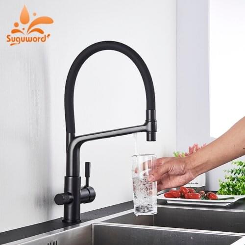 Suguword Matte Black Pure Water Filter Kitchen Faucet Pull Down Spout Filtered Dual Handle Brass Hot Cold Mixer Tap 17 Types