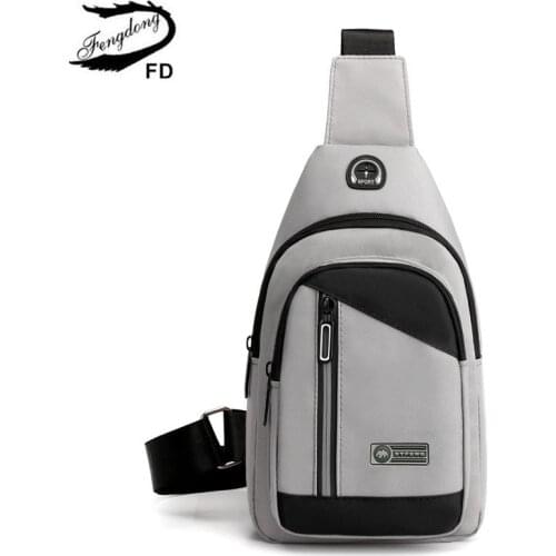 Fengdong male small chest bag mini crossbody bags for men travel bagpack one shoulder sport bag with earphone jack boy phone bag
