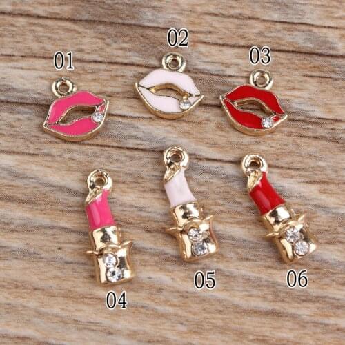 Newest 50PCS Fashion Oil Drop Sexy Hot Lips lipstick Shape Alloy DIY Jewelry Charms Gold Tone Enamel Bracelet Necklace Charm