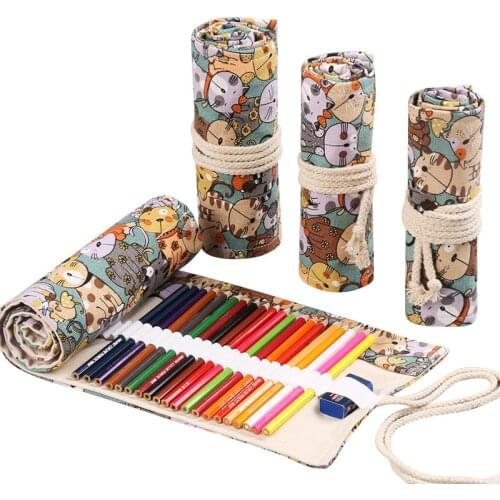 Kawaii Cat School Pencil Case Roll Penal 12/24/36/48/72 Holes Pencilcase for Girls Boy Canvas Large Cartridge Bag Stationery Kit
