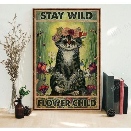 Yoga poster- Stay wild flower child, Yoga Prints Poster, Vintage Posters, Wall Decoration, Cat yoga poster, yoga wall art