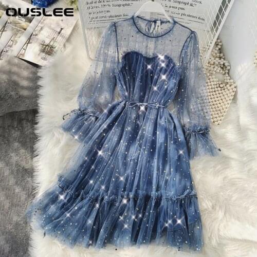 OUSLEE NewStar Sequined Mesh Shiny Fairy Dress Women Spring Autumn Female Sexy Dress Vestido Elegant Bling Princess Puff Dresses