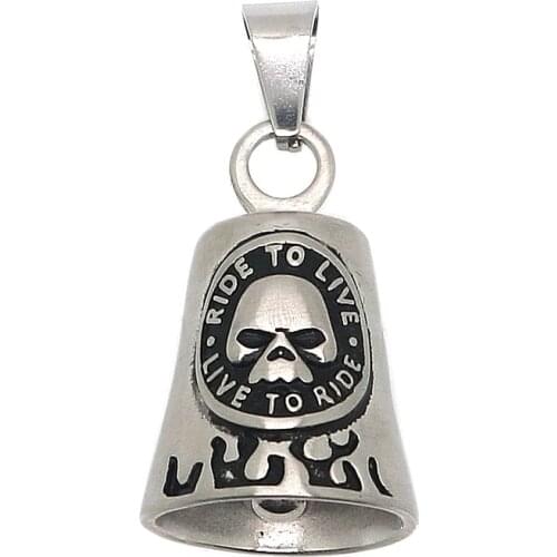 Unisex 316L Stainless Steel Cool Flaming Biker Ride To Live Live To Ride Skull Bell Frosted Silver-Color Pendant