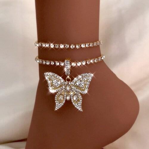 Bling Full Rhinestone Tennis Chain Butterfly Anklet For Women Punk Crystal Animal Ankle Bracelet Beach Barefoot Sandals Jewelry