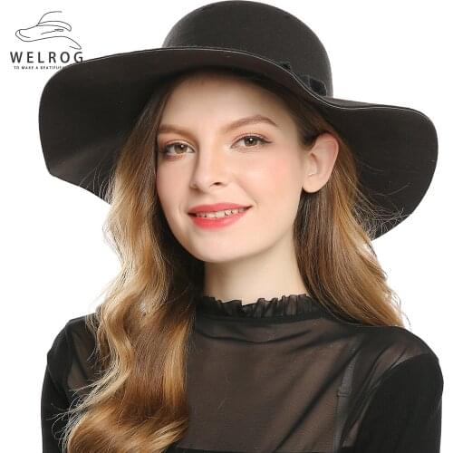 WELROG Retro Wave Wide Brim Panama Hat Autumn Mens Imitation Cashmere Top Flat Brim Hats Women&Men Winter Fedora Hat
