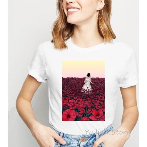 Field of Poppies flowers printed vintage t shirt women shirts summer top female white t-shirt streetwear korean clothes summer