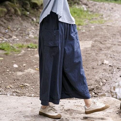 FairyNatural Ladies Cotton Linen Retro Loose Navy Blue Trouser 2021 Spring New Patchwork Women Long Wide Leg Pants