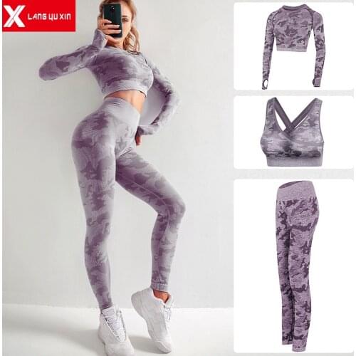 Womens 3pcs Sport Suits Fitness Yoga Running Athletic Tracksuits Sports Bra Gym Tank Top Pant High Waist Leggings Long Tshirt