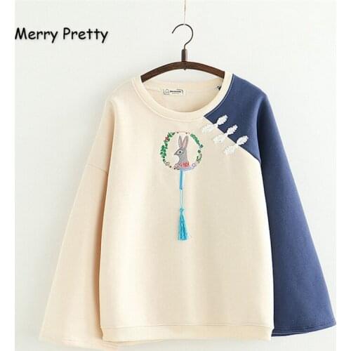 Merry Pretty Womens Cartoon Embroidery Patchwork Hoodies Sweatshirts 2020 Winter Long Sleeve O-Neck Plus Velvet Cute Pullovers