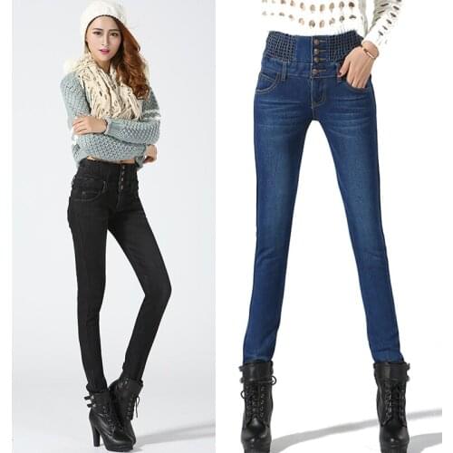 Womens winter tight-fitting stretch warm pants mother black denim sports pants new high-end thick velvet jeans
