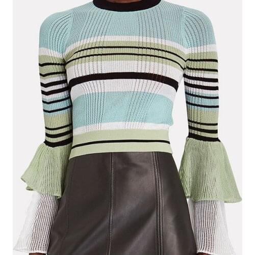 Women Sweater Early Autumn Thin Knit Round Neck Mint Green Contrast Striped Double Layer Elegant Flare Sleeve Knit Top