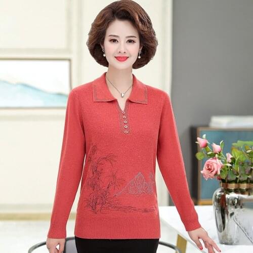 Women Knitted Pullover Long-sleeved Lapel Sweater Womens 2021 New Slim Sweater Coat Middle Age Mother Warm Jumper Knitwear
