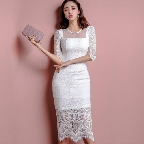 S-XL Plus Size Mesh Patchwork White Lace Dress Women Three Quarter Sheath Wrap Dress Women Midi Package Hip Bodycon Fall Dress
