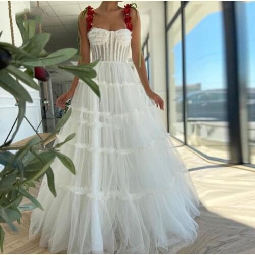 Garden Style White A-line Tulle Women Dresses With 3D Red Flower Pretty Long Women Formal Event Party Dresses