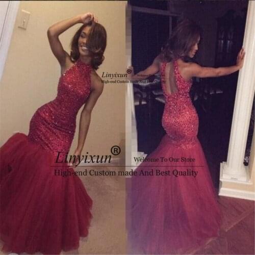 Mermaid Prom Dresses 2018 Luxury Beading Vestidos De Fiesta Halter Neck Backless Fitted Evening Party Gowns Free Shipping