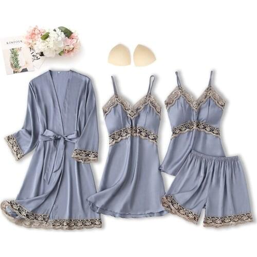 4 PCS Womens Pajamas Set Solid Color Lace Sexy Robe Nightwear Strap Sling Shorts Spring Summer Sleepwear Homewear