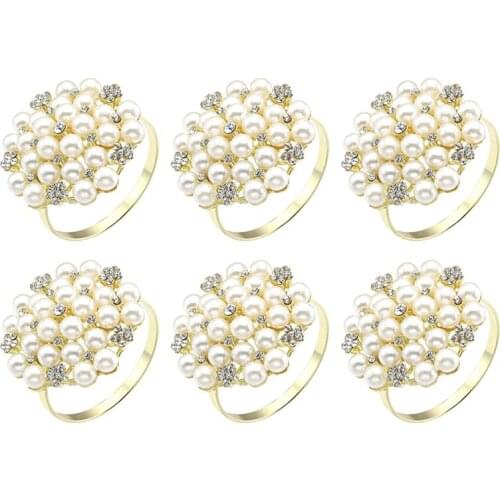 6 Pearls Rhinestone Napkin Rings, Rhinestone Napkin Holders for Wedding Parties Dining Valentines Day Accessories