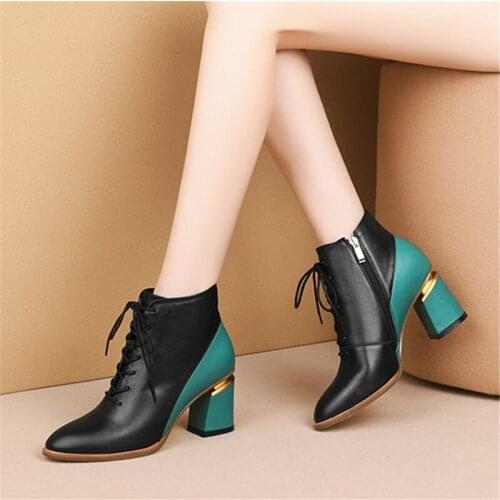 PXELENA European Chunky Block High Heels Ankle Boots Women Genuine Leather Mixed Color Office Lady Party Shoes Plus Size 34-43