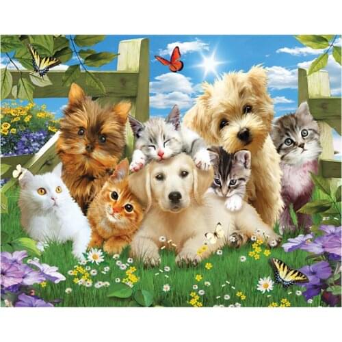 Diy scenery diamond painting dogs cats full round rhinestone embroidery picture puzzle diamond art drawing wall sticker decor