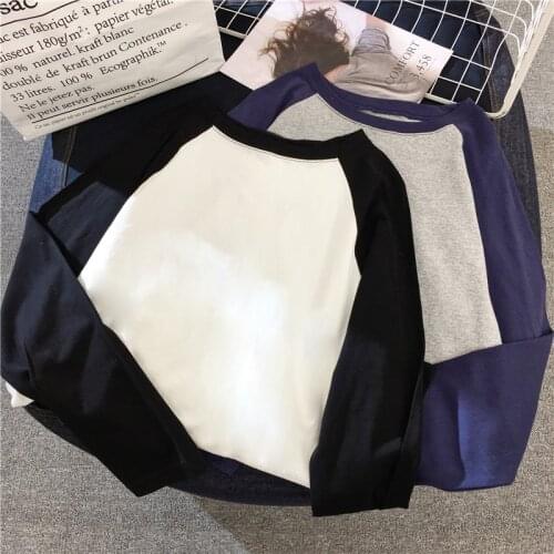 T-shirt Women Long Sleeve Patchwork Simple All-match Womens Tops Elegant O-Neck Leisure Female Students Lovely Trendy Tees Basic