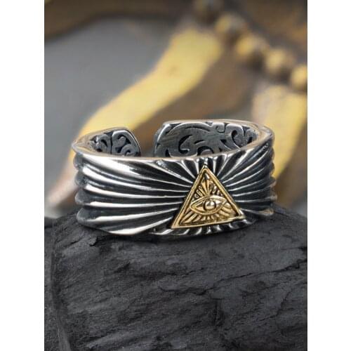 Masonic Gods Eye Light 925 Silver Ring Wide Edition Thick Domineering Retro Tide Men Carved Open Tail Ring