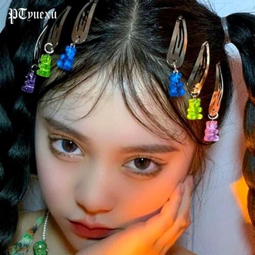 2 PCS Hair Clips For Girls Ins Fashion Metal Y2K Punk Bangs Clip Side Clip Candy Color Bear Pendant Hairpin Hair Accessories New