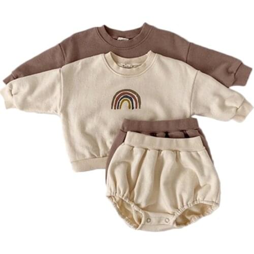 Baby Boys And Girls Rainbow Clothing Set Kids Casual Long Sleeve Rainbow Pullover Sweatshirt Tops + Shorts Children Clothes Set