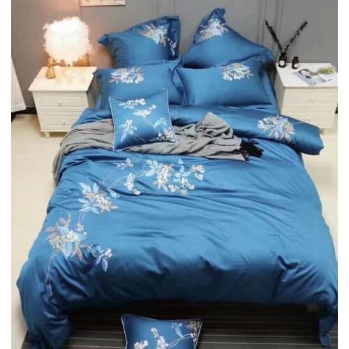 Luxury Tribute silk bedding set queen king size 60S bed set 4pcs blue cotton duvet cover bed sheet sets Embroidered