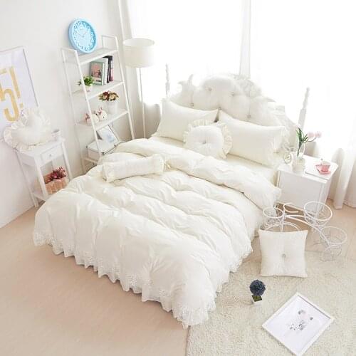 Solid Color Princess Bedding sets Cotton 4/6pcs Beige Lace Bedspread Bed Skirt Girls Wedding Duvet cover Bed sheet Pillowcases
