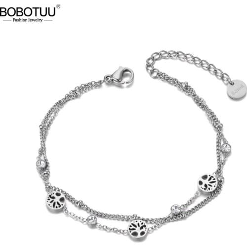 BOBOTUU New Double Layers CZ Ctystal Tree Charm Bracelet Bangle For Women Stainless Steel Bohemia Chain Link Bracelets BB19081
