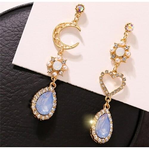 Sweet Asymmetry Shiny Rhinestone Love Heart Moon Drop Earrings For Women Long Blue Tassel Dangle Earrings Jewelry Femme