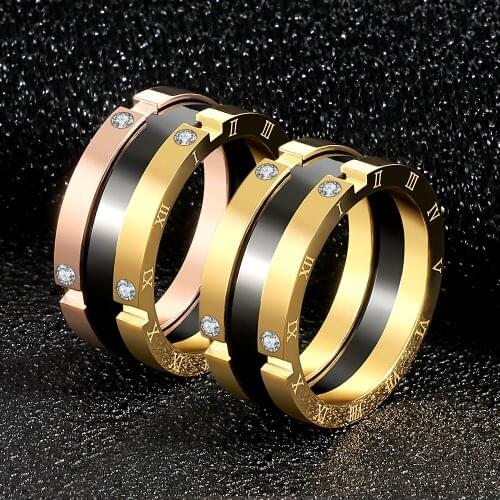 Fashion Jewelr Gold Color Stainless Steel Ring Double-Clip Ceramic Roman Numerals Rings For Women Love Ring Gift Manual Zircon