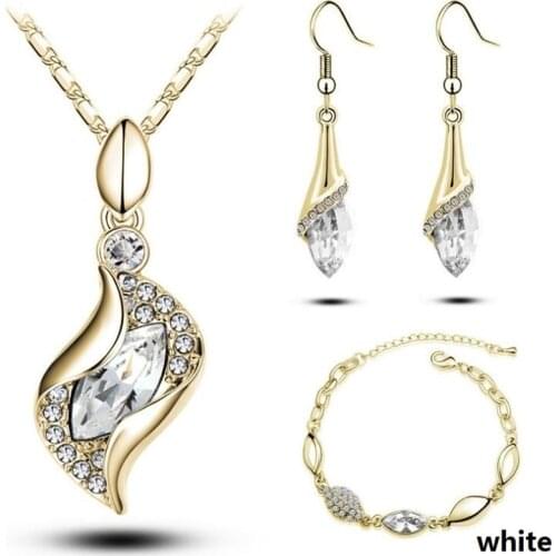 Fashion Wedding Gift Jewelry Gold Color Water Drop Shape Crystal Earrings Necklace Adjustable Bracelets Set Women Jewelry Sets