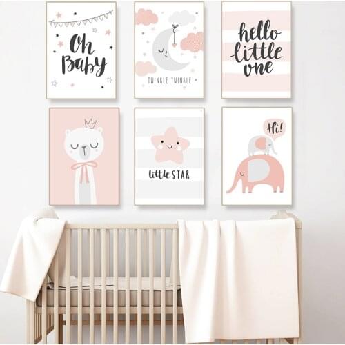 Cartoon Cute Elephant Nursery Decor New Baby Gift Canvas Painting Light Pink Wall Art Picture Poster Print Boy Room Home Decor