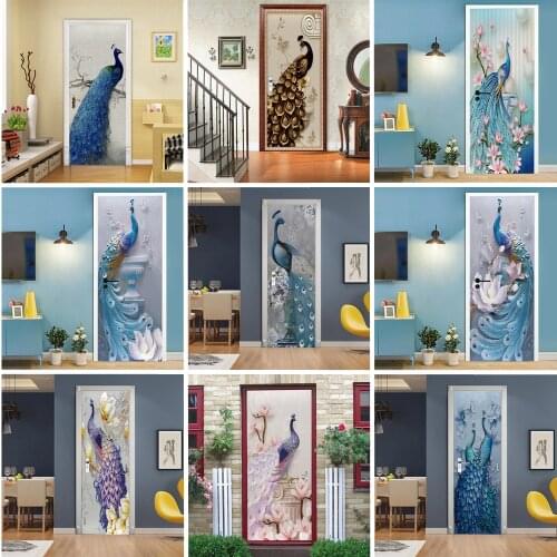Peacock Door Sticker 3D Removable Vinilos Para Puertas Adhesive Wallpaper Art Mural Peafowls for Doors Living Room Bedroom Decor