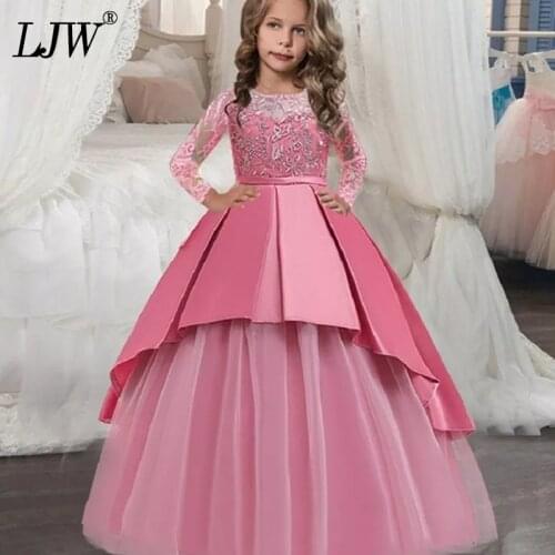 4-14 year teens party dress for Girls elegant Wedding Flower Girl Dress diamond Satin Princess Pageant Formal long Lace Dress