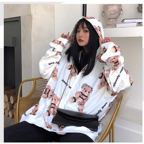 Autumn New Harajuku Commuter Oversized Loose Cardigan Kawaii Bear Cartoon Hooded Sweater Female Bf Lazy Style Thin Coat