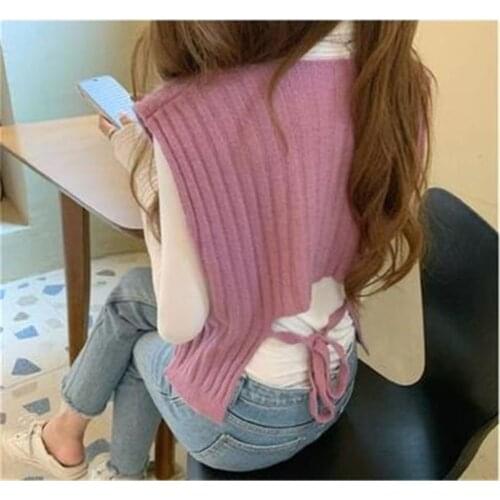 Simple Lovely College Elegant Female All Match V-Neck Casual Stylish Popular Sweater Vest Women Lace Up Solid Sleeveless Loose