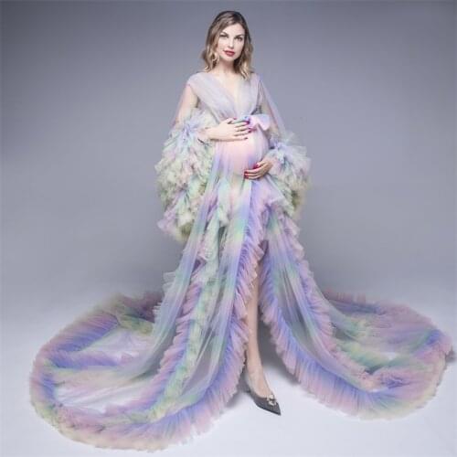 Real Image Rainbow Pregnant Women Robe Soft A-line Puffy Tulle Dress Maternity Photoshoot Photography Sleepwear Custom Made