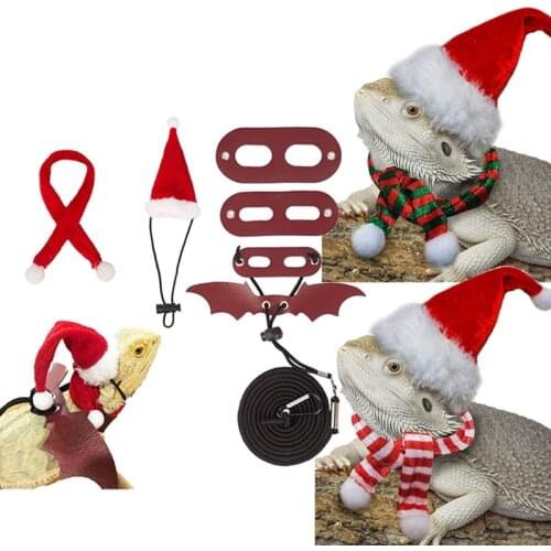 Bearded Dragon Christmas Hat & Scarf Leash and Harness from Baby to Juvenile Leather Lizard Walking Leash S M L 3 Pack