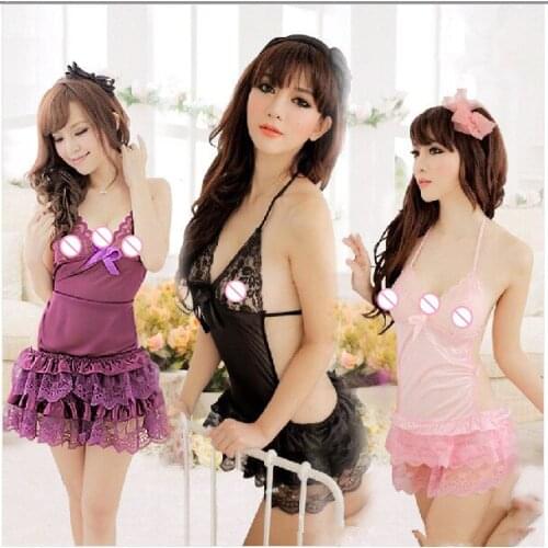 Sexy lingerie 3 colors blackless princess women lace halter prospective nightwear dress ,g string set